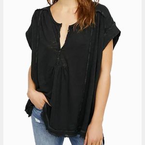 Free People Astor Henley Short Sleeve Top Shirt Black Womens Size M
